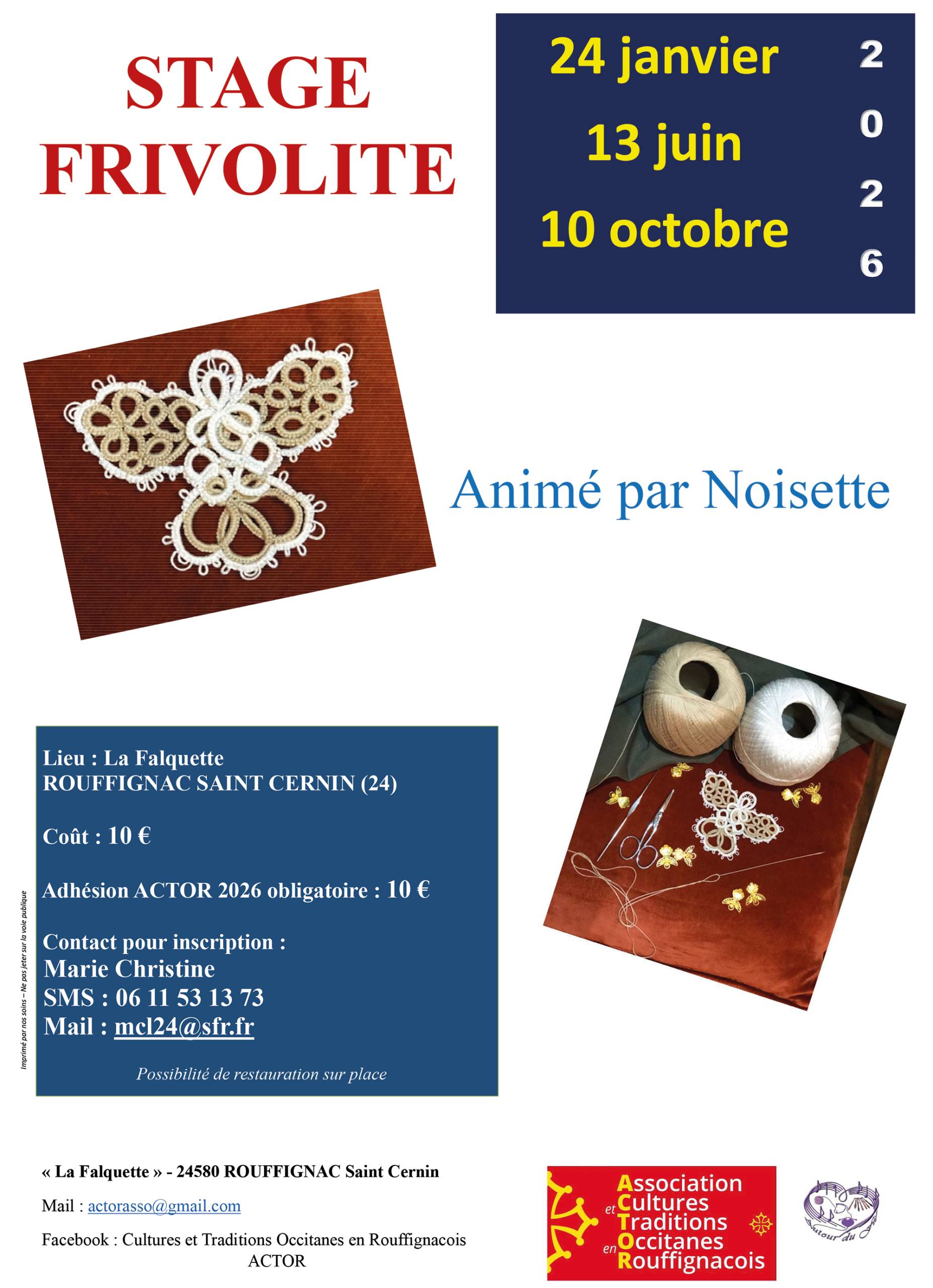 Stage frivolité 2026 Rouffignac Dordogne