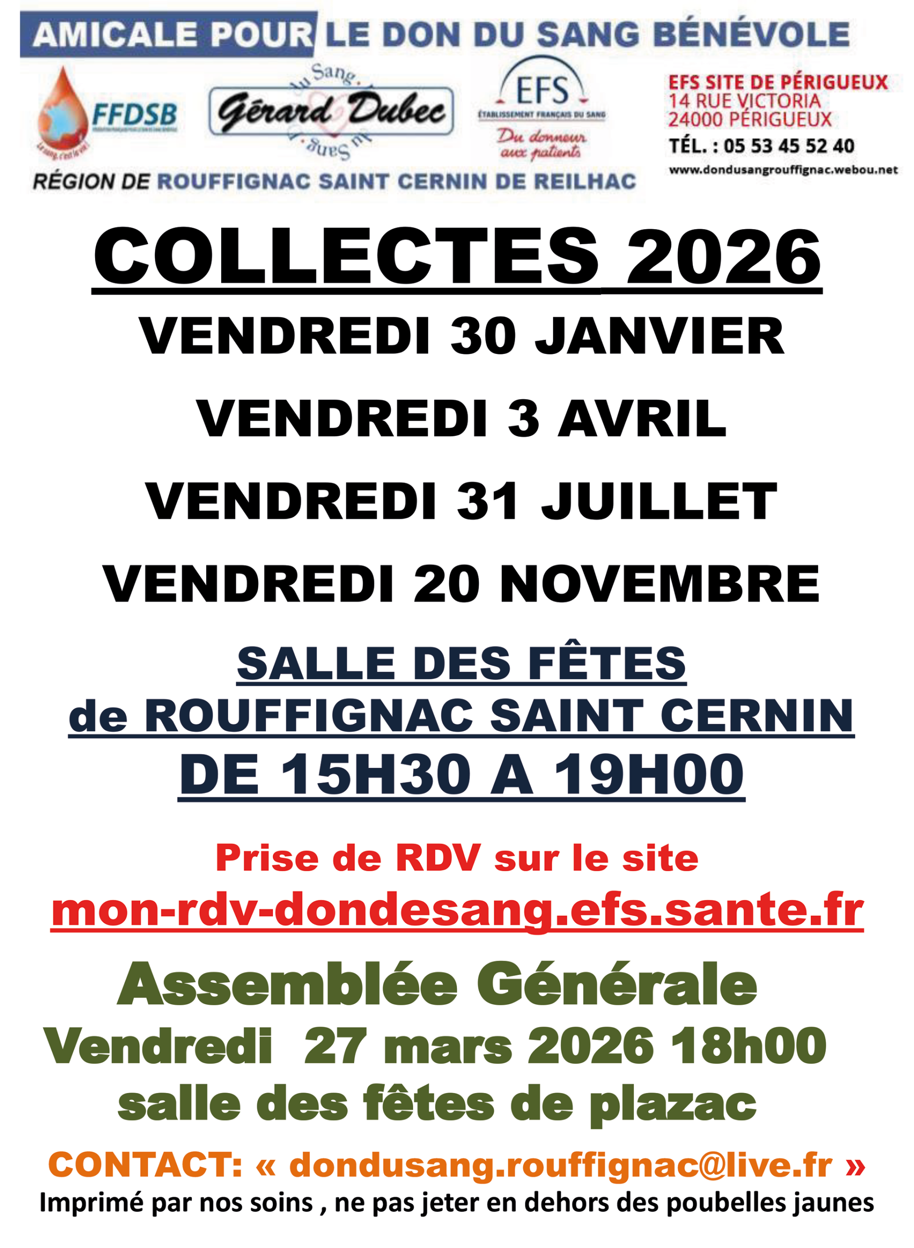 Don du sang 2026 Rouffignac Dordogne